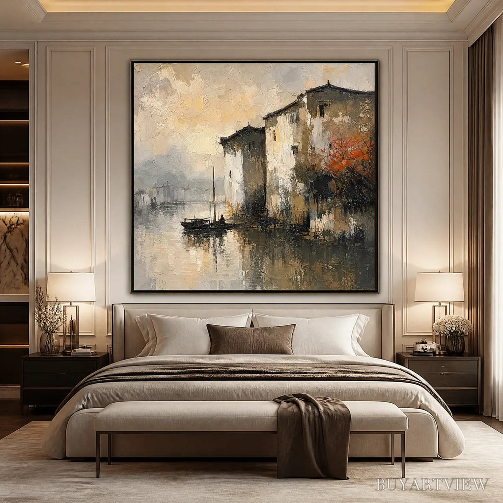 ARTOVITAS Fogbound Canal – Misty European Cityscape Painting - image 6