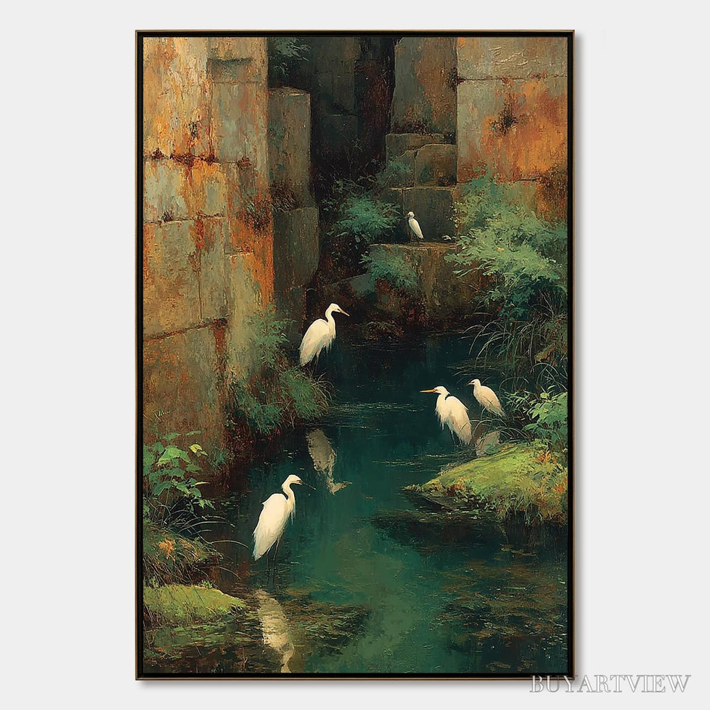 ARTOVITAS the Forgotten Oasis – Vertical Egret Painting of Birds in a Serene Natural Sanctuary - image 1