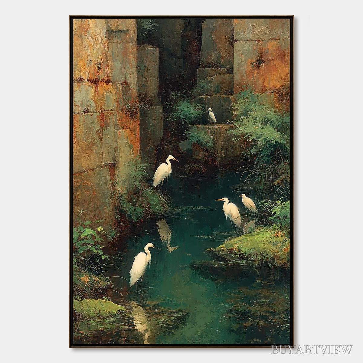 ARTOVITAS the Forgotten Oasis – Vertical Egret Painting of Birds in a Serene Natural Sanctuary - image 1