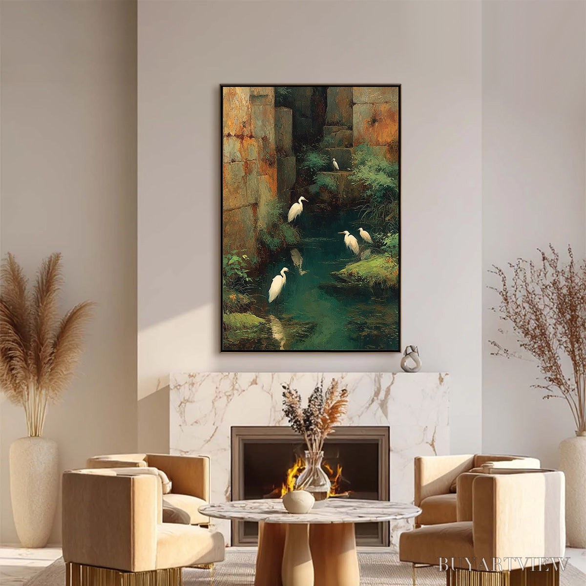 ARTOVITAS the Forgotten Oasis – Vertical Egret Painting of Birds in a Serene Natural Sanctuary - image 2