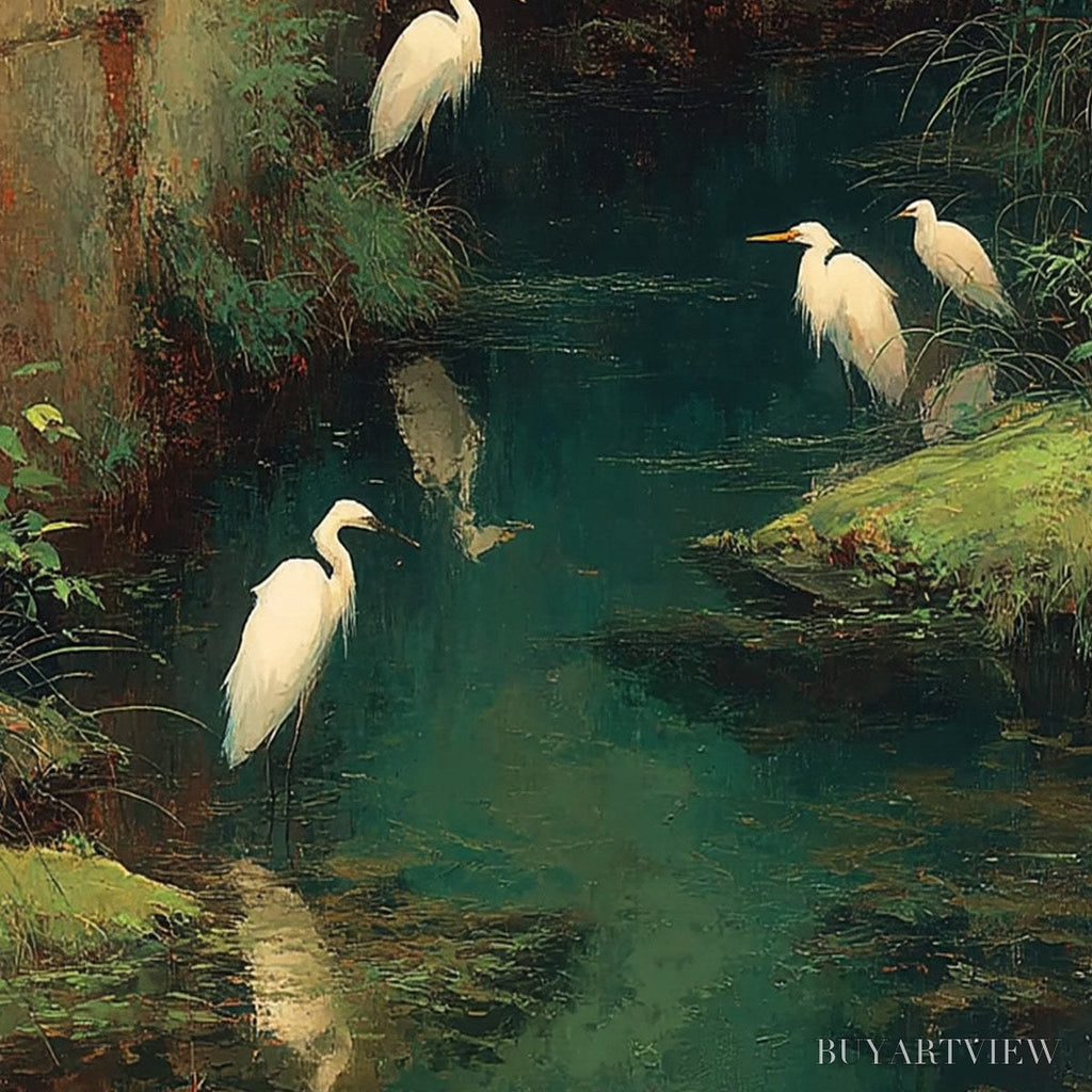 ARTOVITAS the Forgotten Oasis – Vertical Egret Painting of Birds in a Serene Natural Sanctuary - image 3