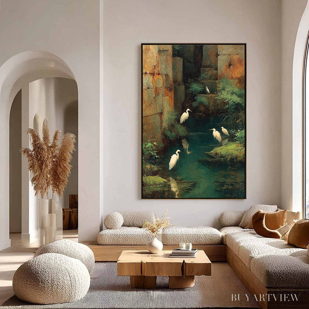 ARTOVITAS the Forgotten Oasis – Vertical Egret Painting of Birds in a Serene Natural Sanctuary - image 4