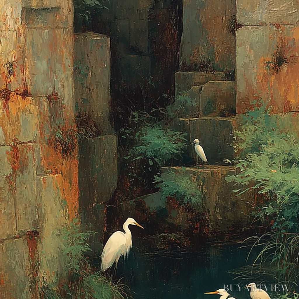 ARTOVITAS the Forgotten Oasis – Vertical Egret Painting of Birds in a Serene Natural Sanctuary - image 5