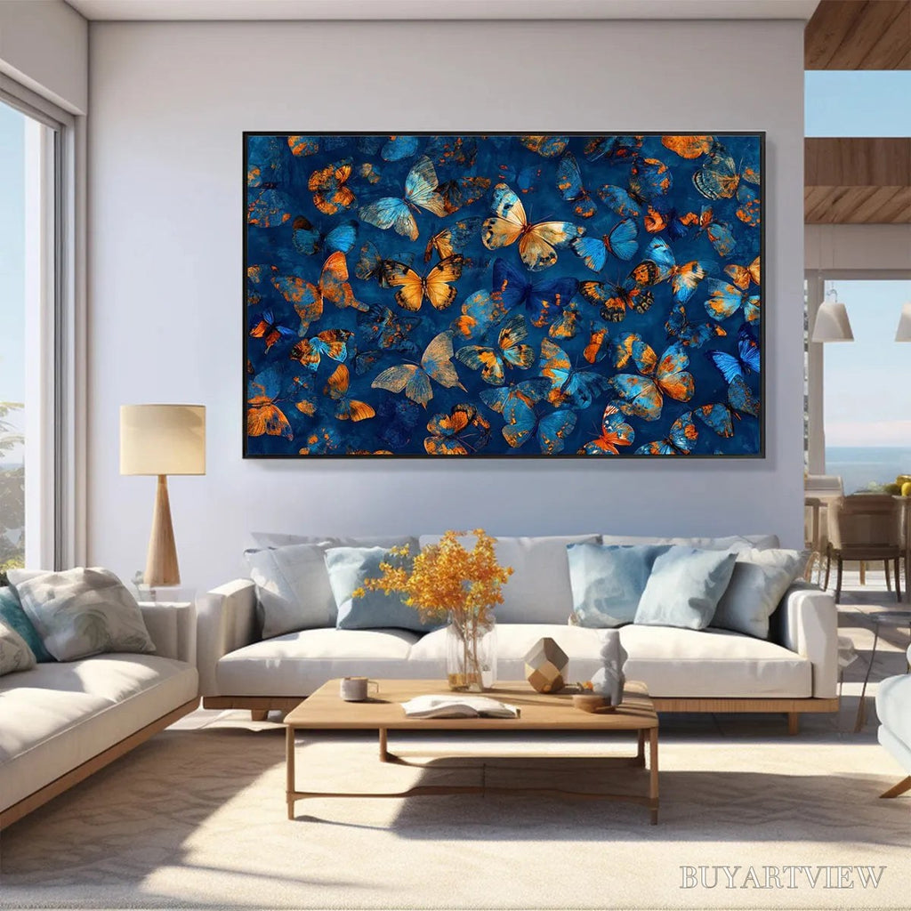 ARTOVITAS Blue Morpho Waltz – Blue & Gold Butterfly Oil Painting on Canvas - image 2