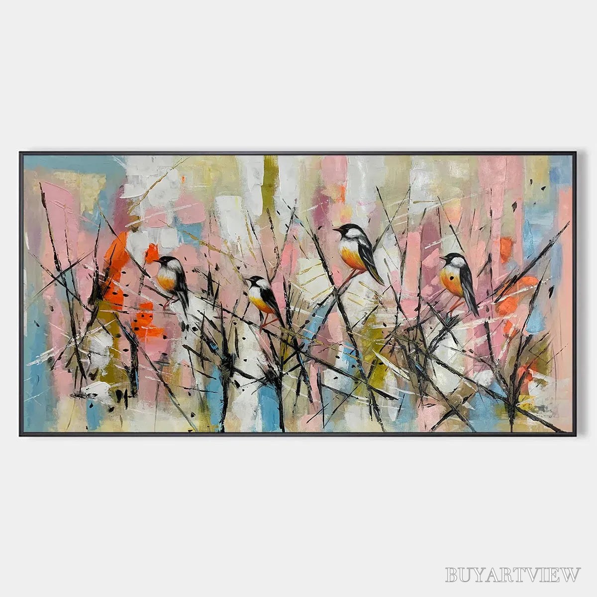 ARTOVITAS Whimsical Birds – Panoramic Painting of Birds on Branches, Pastel Colors, Modern , Pink, Blue - image 1