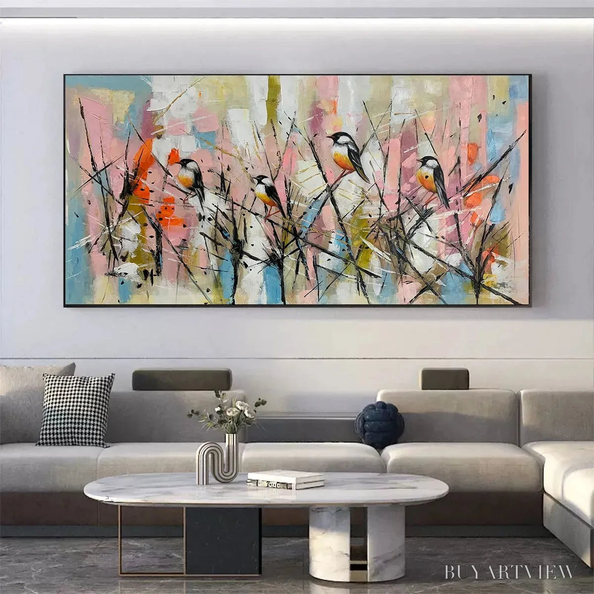 ARTOVITAS Whimsical Birds – Panoramic Painting of Birds on Branches, Pastel Colors, Modern , Pink, Blue - image 2