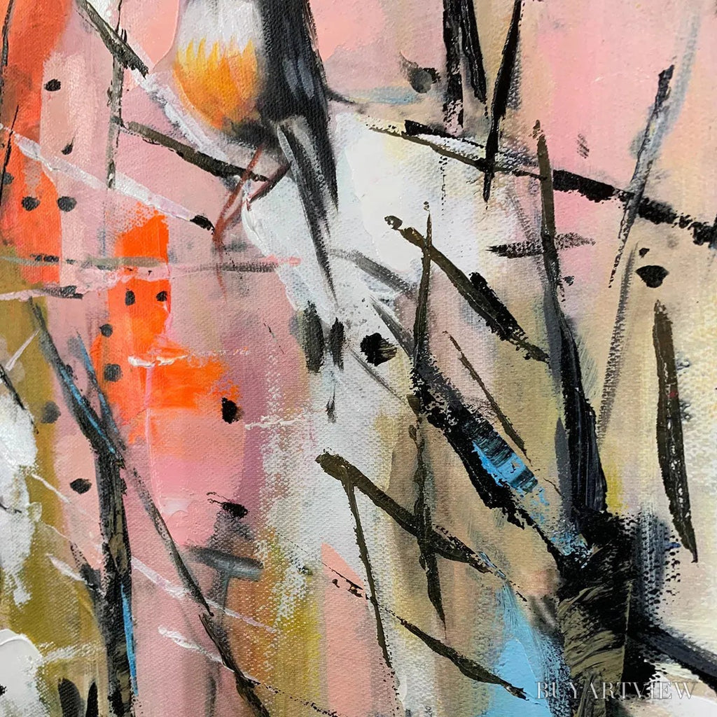 ARTOVITAS Whimsical Birds – Panoramic Painting of Birds on Branches, Pastel Colors, Modern , Pink, Blue - image 3