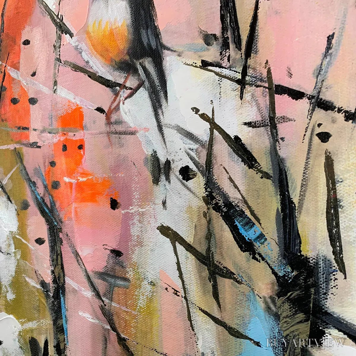 ARTOVITAS Whimsical Birds – Panoramic Painting of Birds on Branches, Pastel Colors, Modern , Pink, Blue - image 3