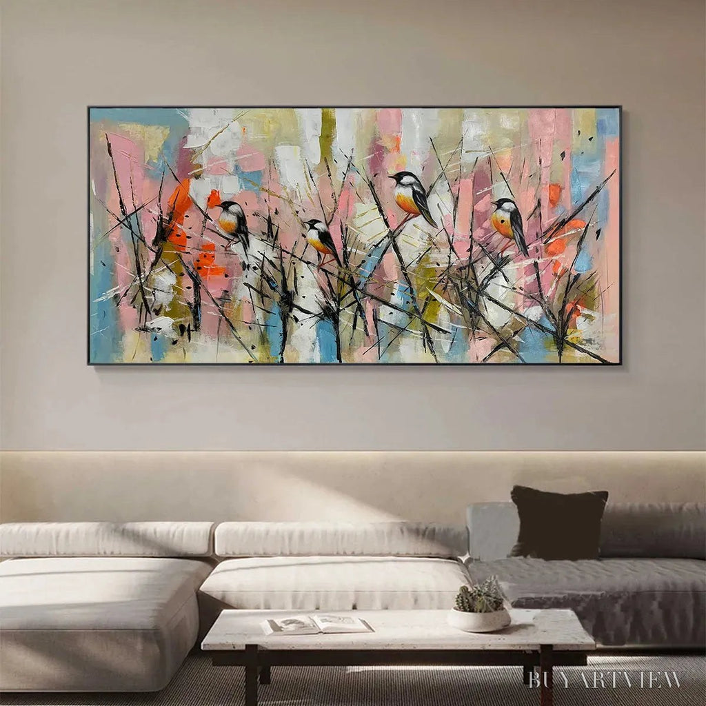 ARTOVITAS Whimsical Birds – Panoramic Painting of Birds on Branches, Pastel Colors, Modern , Pink, Blue - image 4