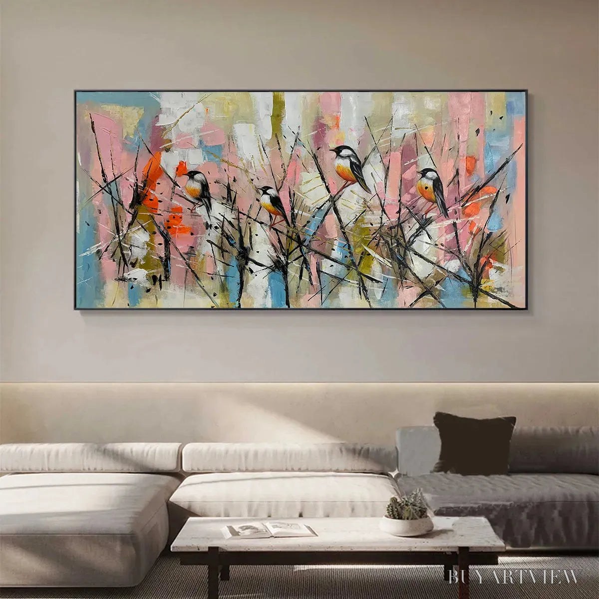 ARTOVITAS Whimsical Birds – Panoramic Painting of Birds on Branches, Pastel Colors, Modern , Pink, Blue - image 4