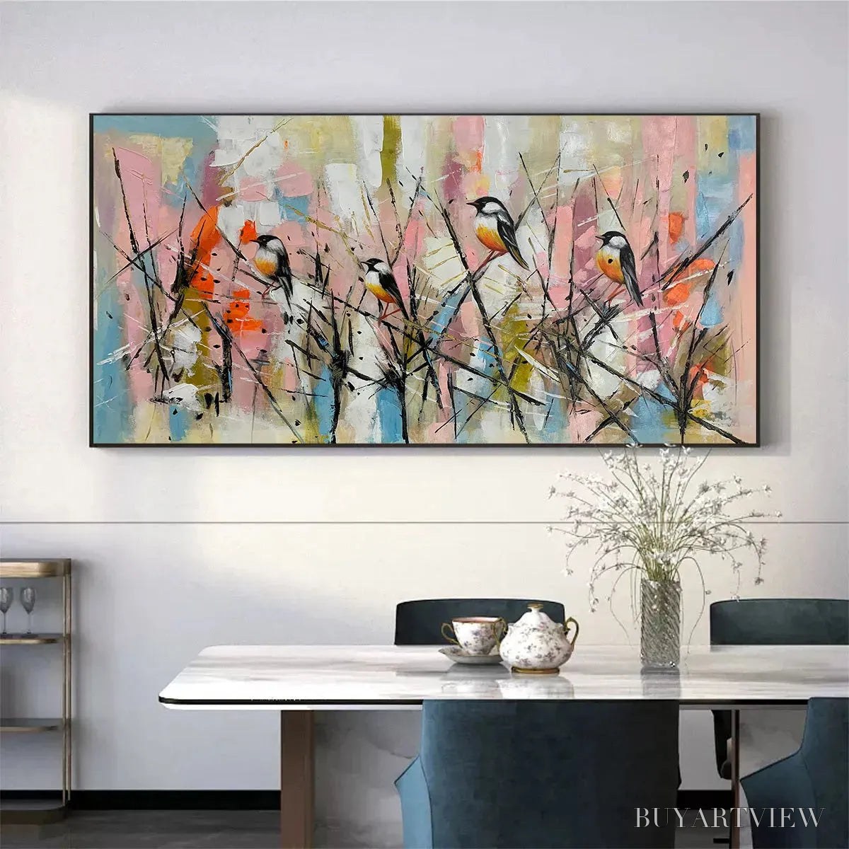 ARTOVITAS Whimsical Birds – Panoramic Painting of Birds on Branches, Pastel Colors, Modern , Pink, Blue - image 5
