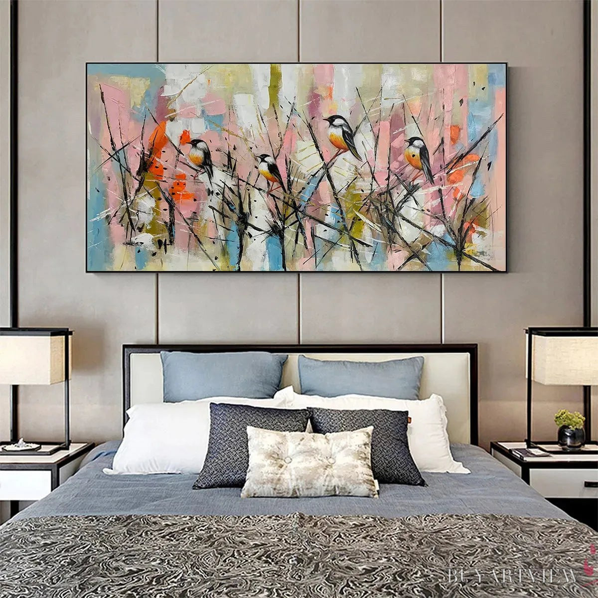 ARTOVITAS Whimsical Birds – Panoramic Painting of Birds on Branches, Pastel Colors, Modern , Pink, Blue - image 6