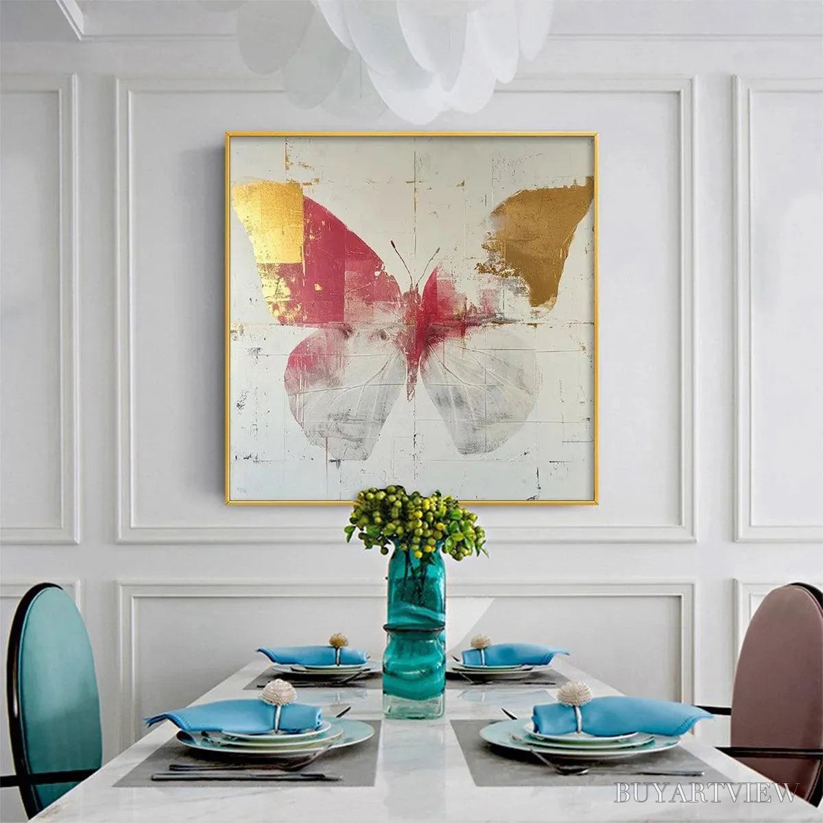ARTOVITAS Golden Butterfly – Butterfly Painting, Gold and Pink , Square Canvas Art, Bedroom Decor - image 4