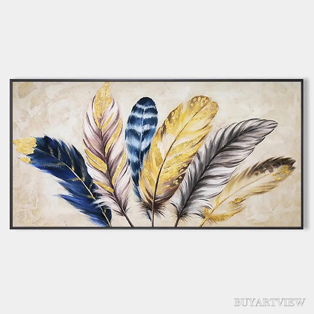 ARTOVITAS Golden Feathers – Elegant Feather Painting, Horizontal - image 1