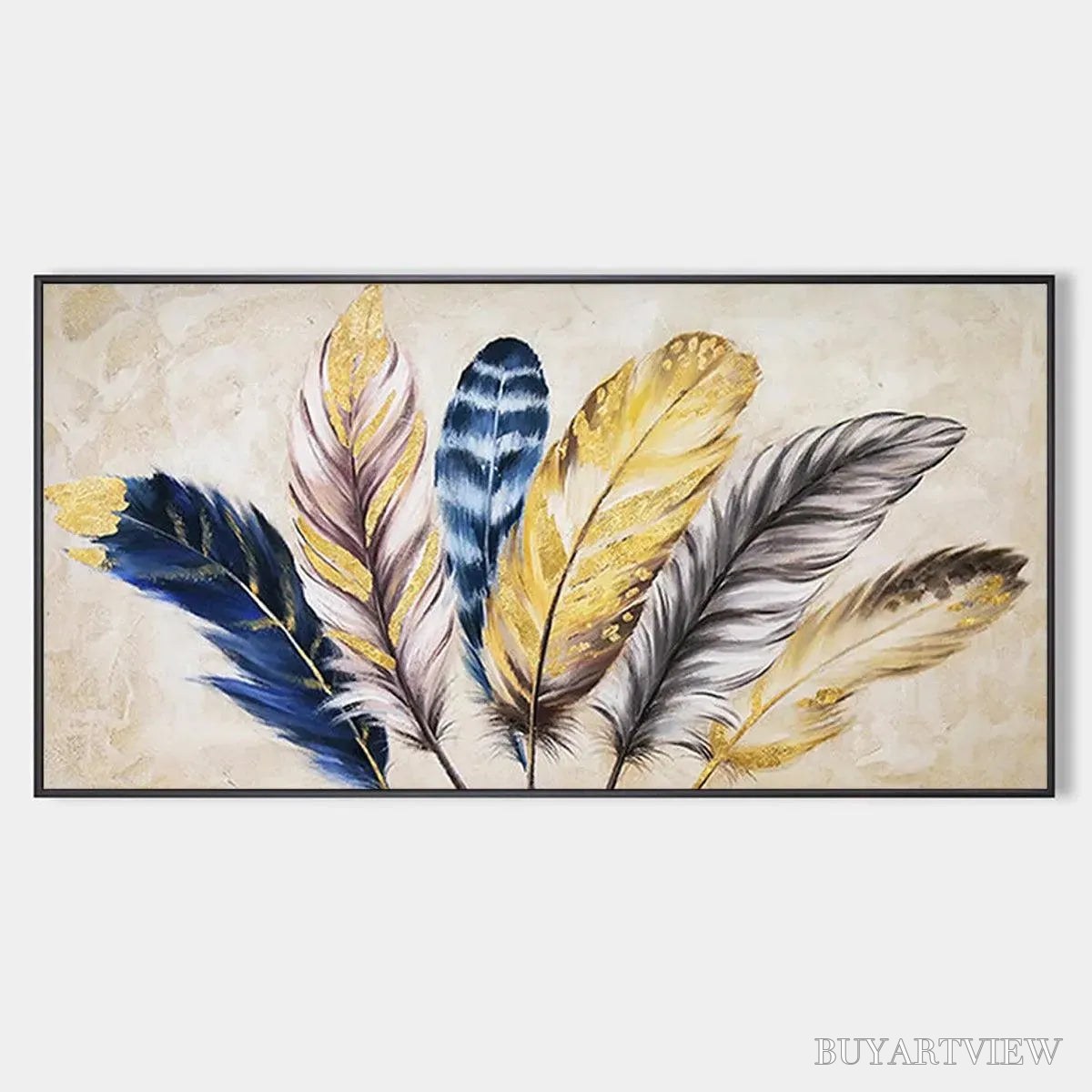 ARTOVITAS Golden Feathers – Elegant Feather Painting, Horizontal - image 1