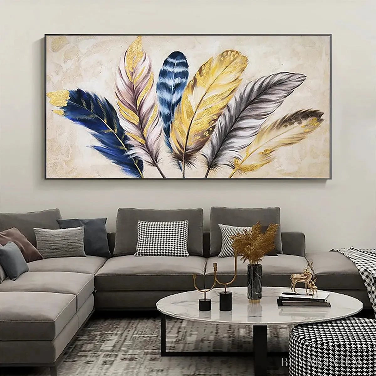 ARTOVITAS Golden Feathers – Elegant Feather Painting, Horizontal - image 2