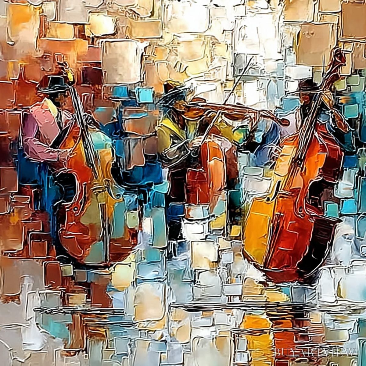 ARTOVITAS Street Symphony – Textured Impasto Painting of a Musical Quartet - image 3