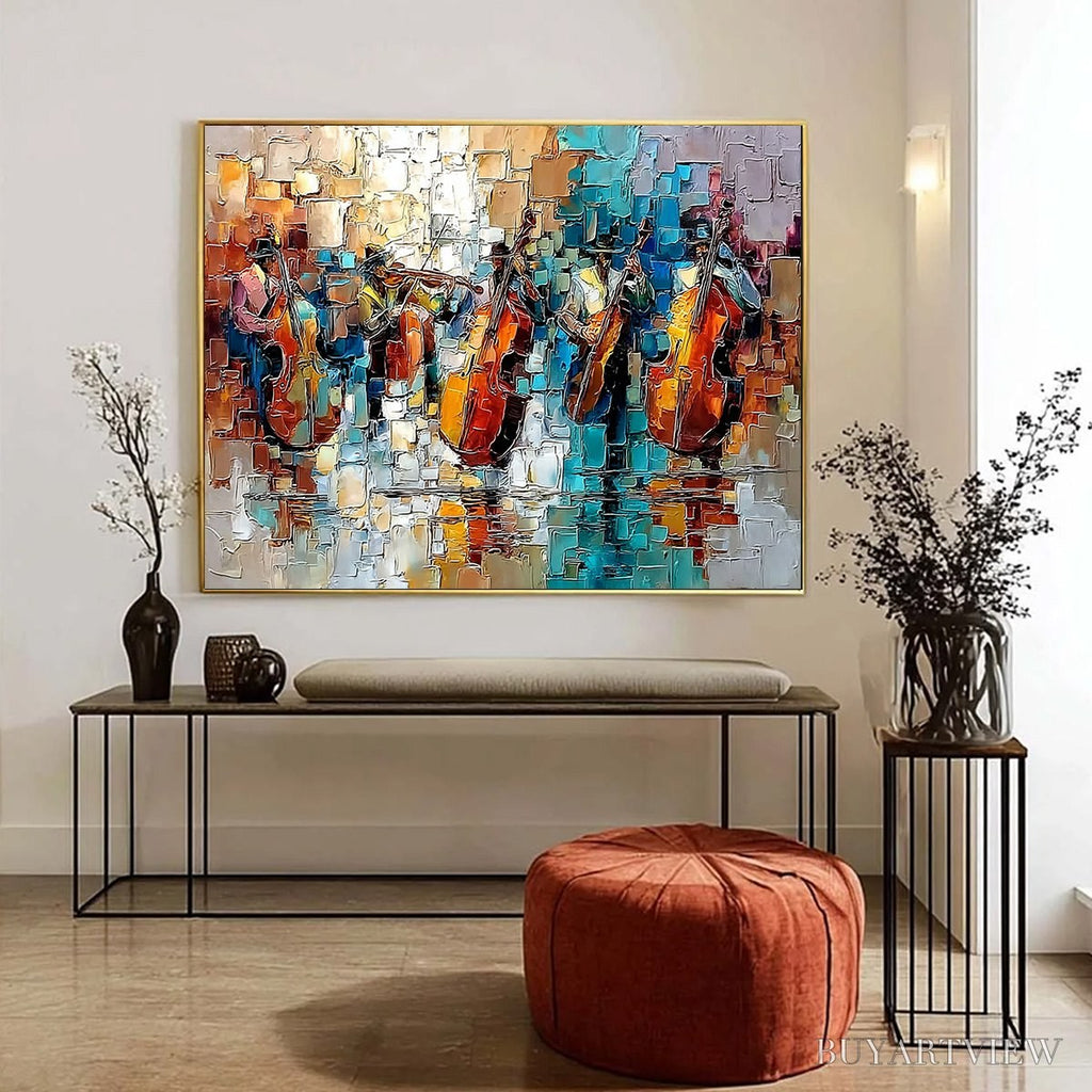 ARTOVITAS Street Symphony – Textured Impasto Painting of a Musical Quartet - image 4