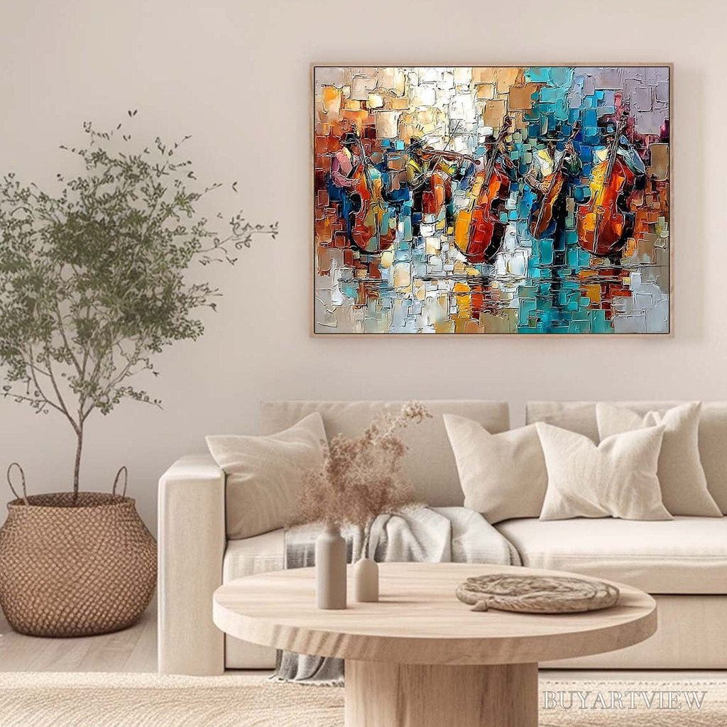 ARTOVITAS Street Symphony – Textured Impasto Painting of a Musical Quartet - image 6