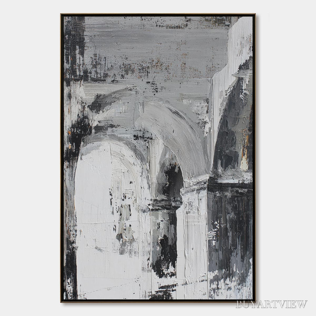 ARTOVITAS Echoes of the Arcade – Monochrome Abstract Architectural Painting - image 1
