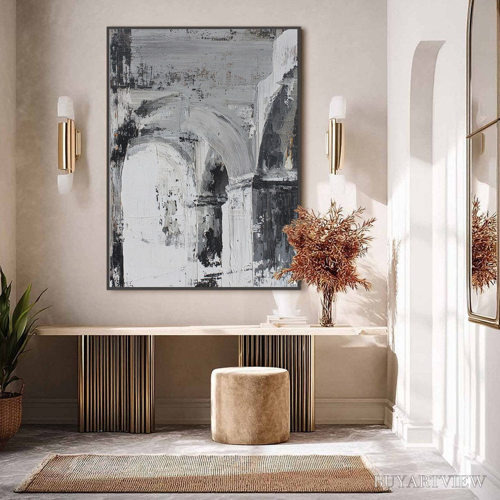 ARTOVITAS Echoes of the Arcade – Monochrome Abstract Architectural Painting - image 2