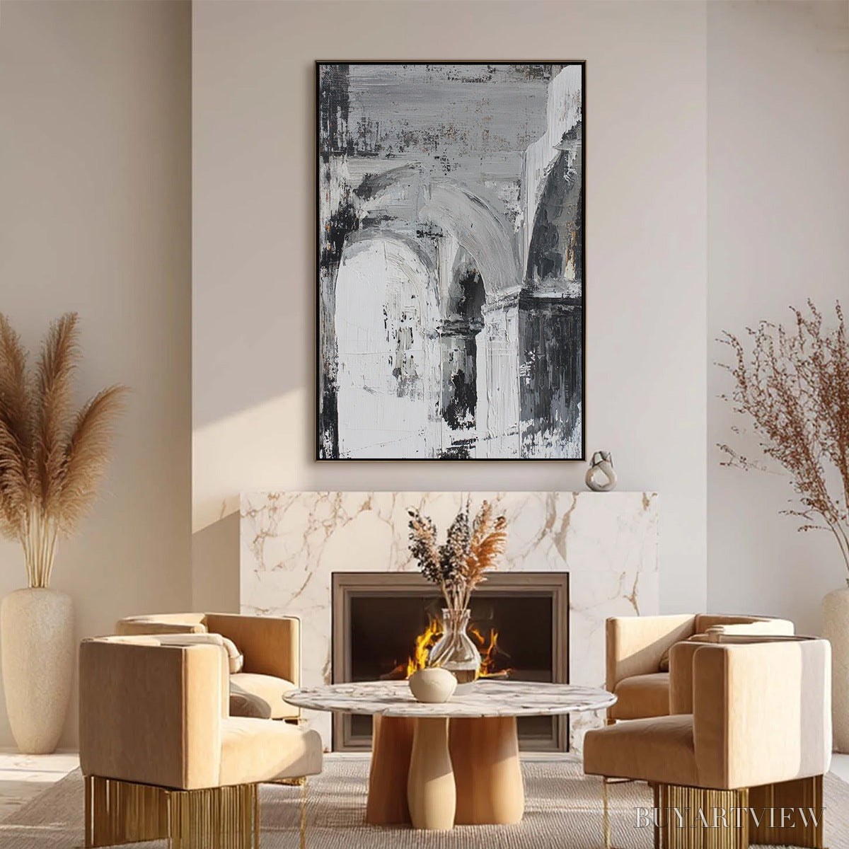 ARTOVITAS Echoes of the Arcade – Monochrome Abstract Architectural Painting - image 6