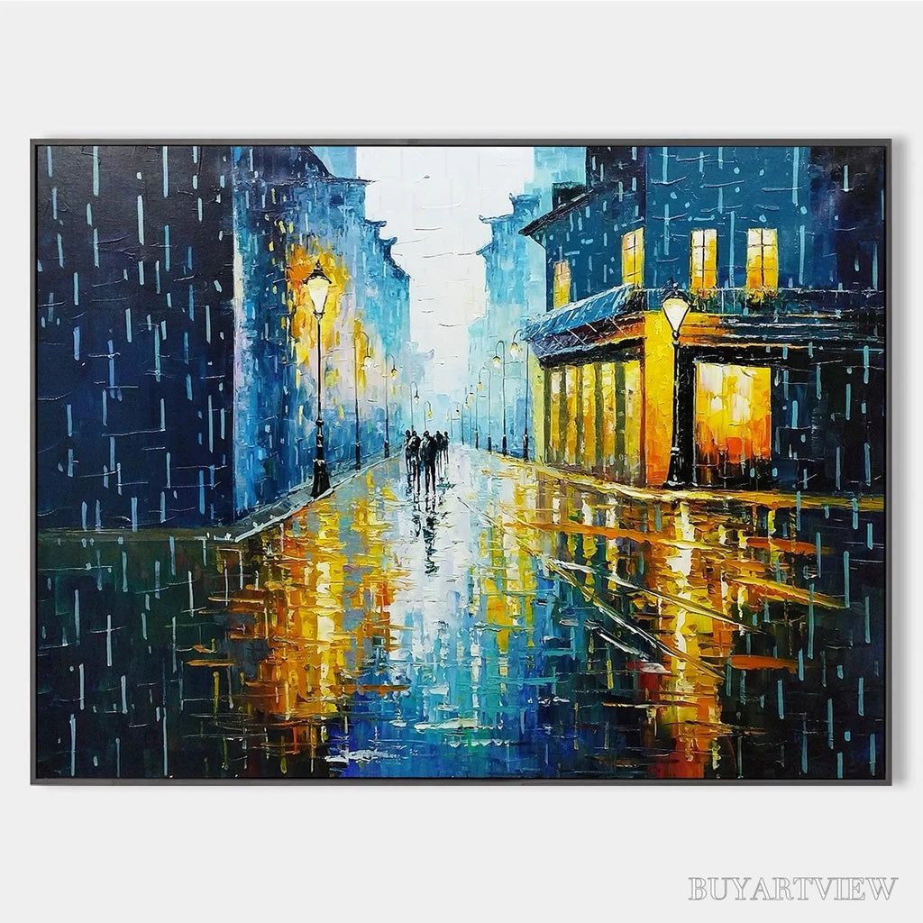 ARTOVITAS Rainy Night in Paris – Textured Cityscape Painting, Rainy Street Scene, Blue, Living Room, Dining Room, Office - image 1