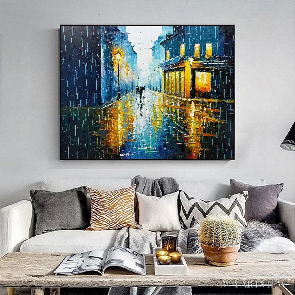ARTOVITAS Rainy Night in Paris – Textured Cityscape Painting, Rainy Street Scene, Blue, Living Room, Dining Room, Office - image 2