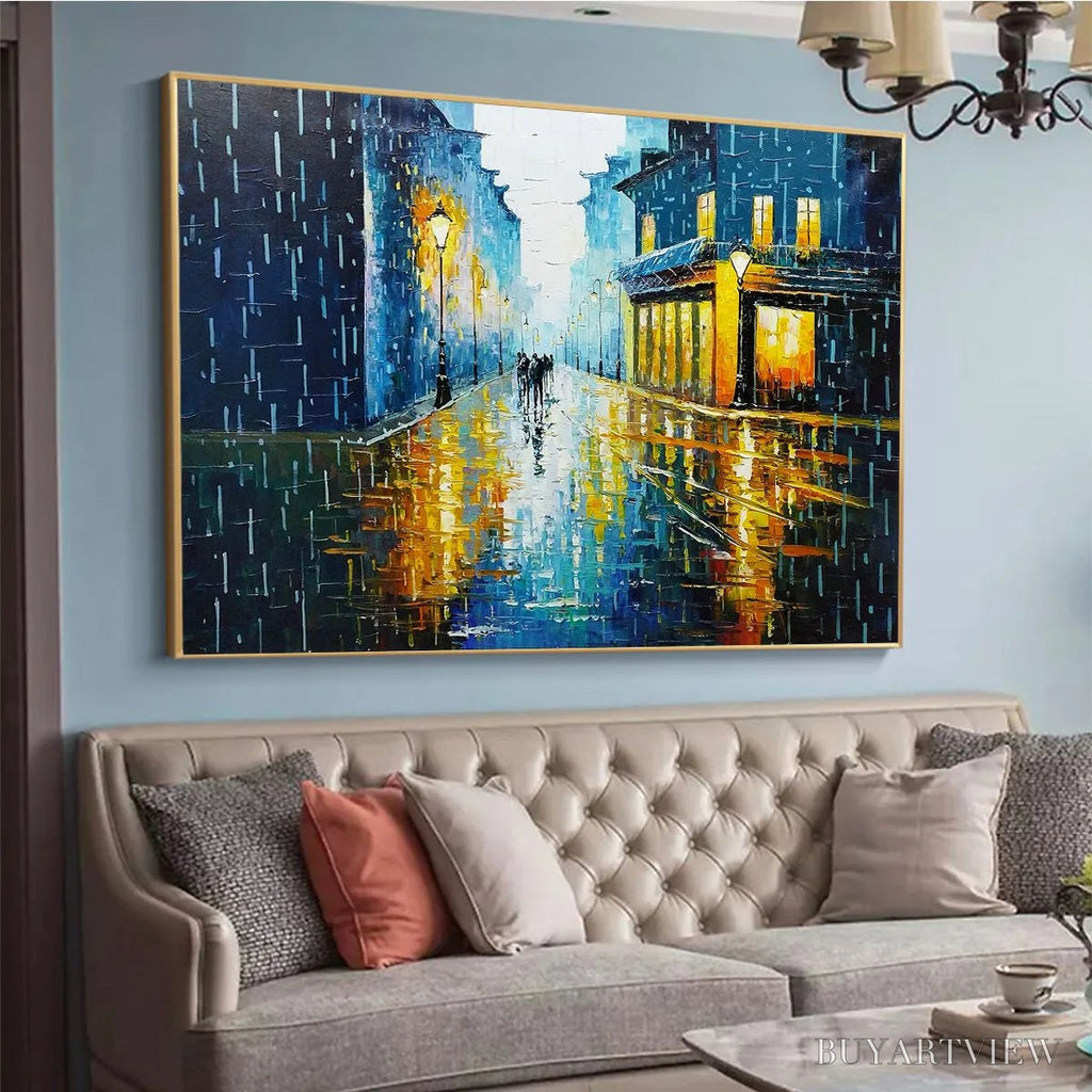 ARTOVITAS Rainy Night in Paris – Textured Cityscape Painting, Rainy Street Scene, Blue, Living Room, Dining Room, Office - image 4