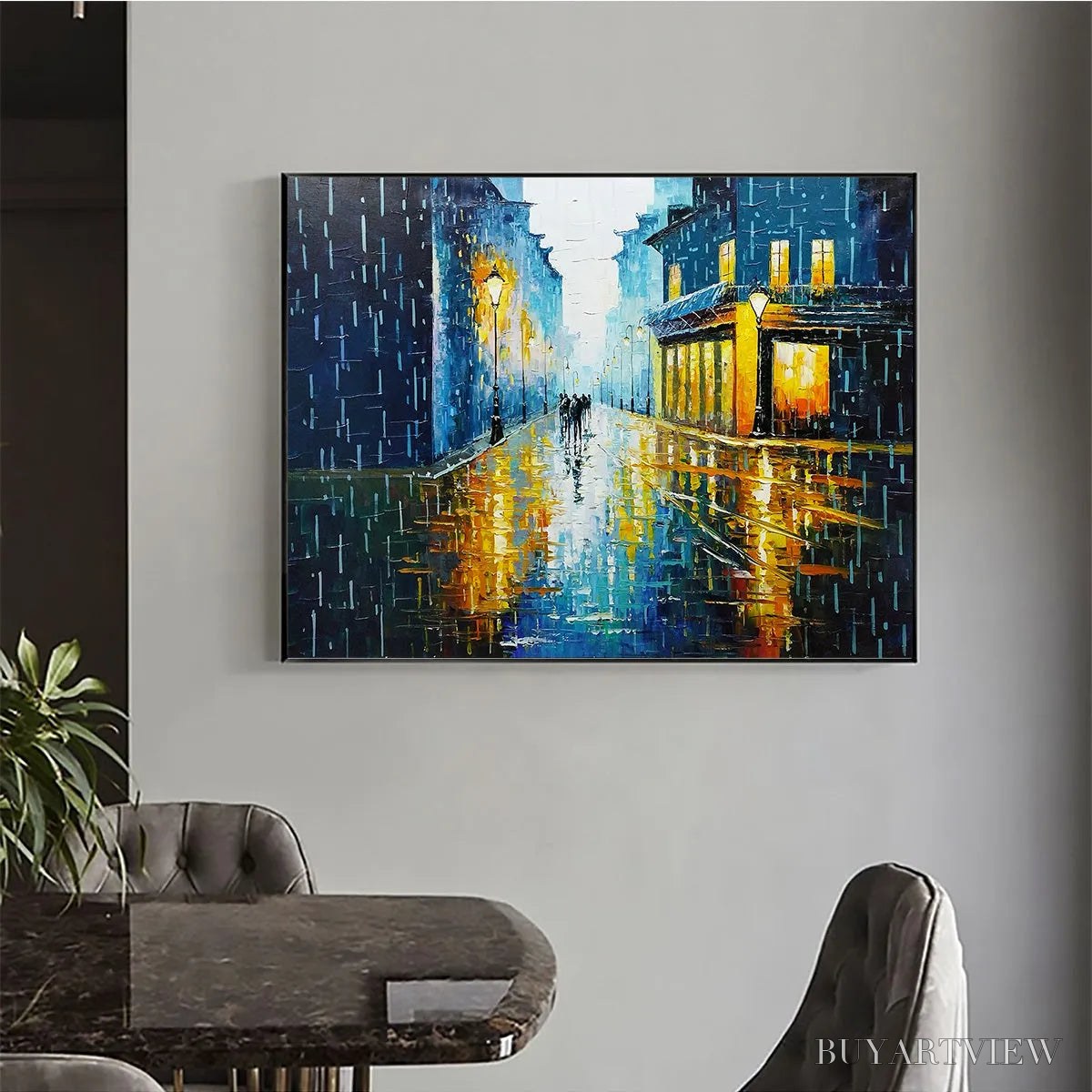 ARTOVITAS Rainy Night in Paris – Textured Cityscape Painting, Rainy Street Scene, Blue, Living Room, Dining Room, Office - image 5