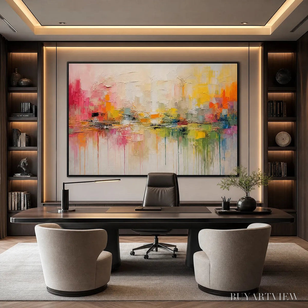 ARTOVITAS First Light – Colorful Textured Abstract Cityscape Reflection Oil Painting - image 2