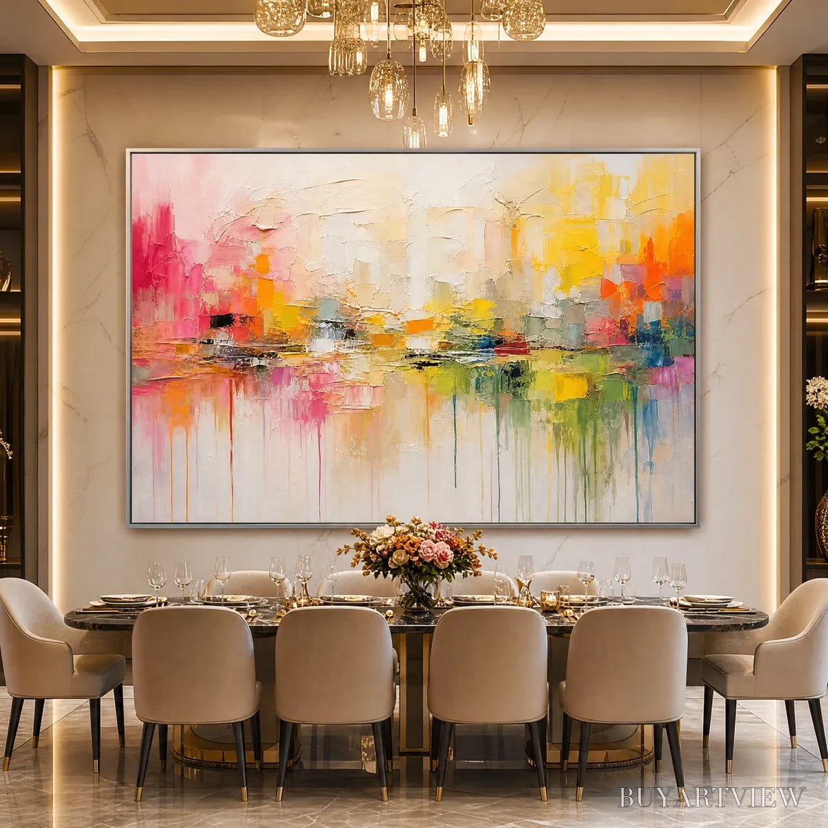 ARTOVITAS First Light – Colorful Textured Abstract Cityscape Reflection Oil Painting - image 4