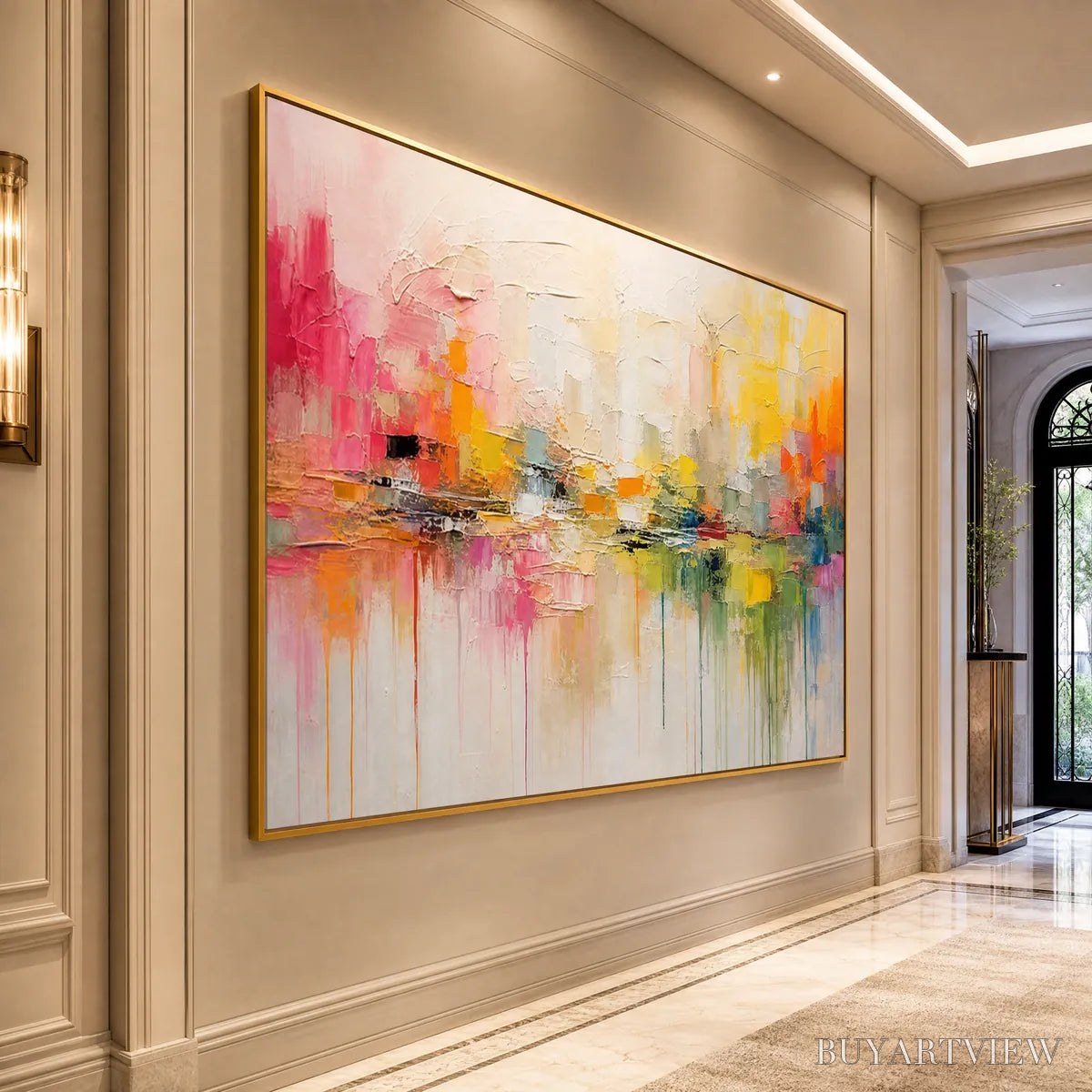 ARTOVITAS First Light – Colorful Textured Abstract Cityscape Reflection Oil Painting - image 5