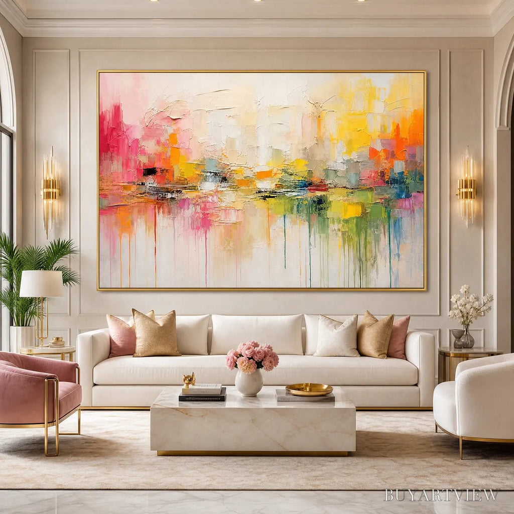 ARTOVITAS First Light – Colorful Textured Abstract Cityscape Reflection Oil Painting - image 6