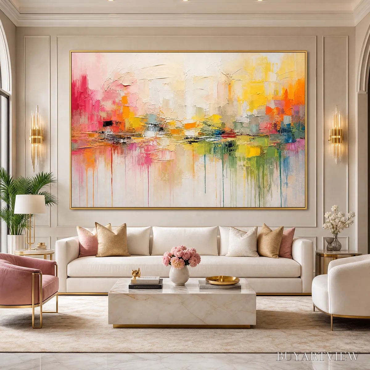 ARTOVITAS First Light – Colorful Textured Abstract Cityscape Reflection Oil Painting - image 6