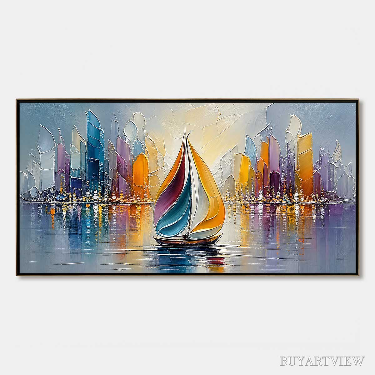 ARTOVITAS Vibrant Voyage – Textured Abstract Cityscape Sailboat Painting - image 1