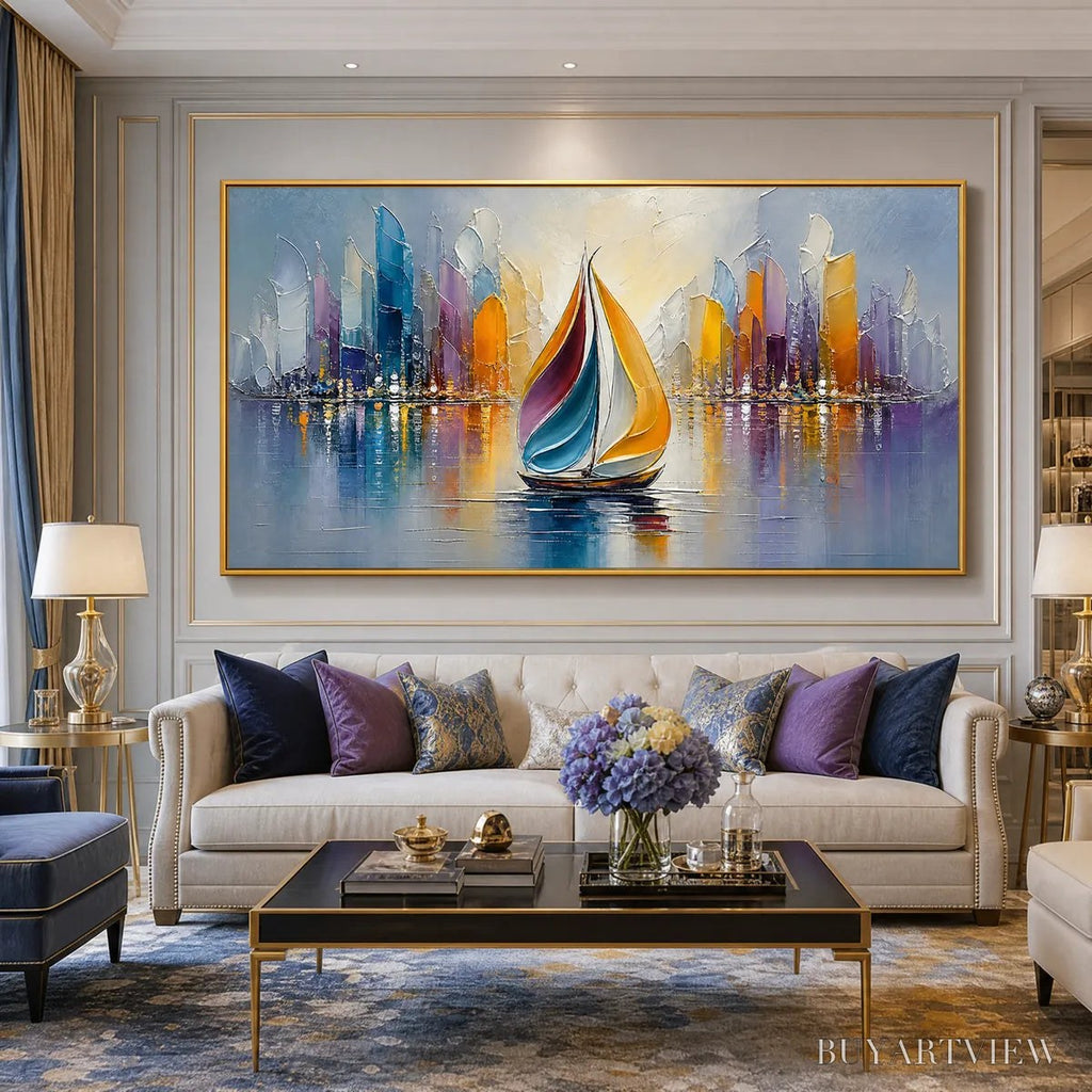 ARTOVITAS Vibrant Voyage – Textured Abstract Cityscape Sailboat Painting - image 2