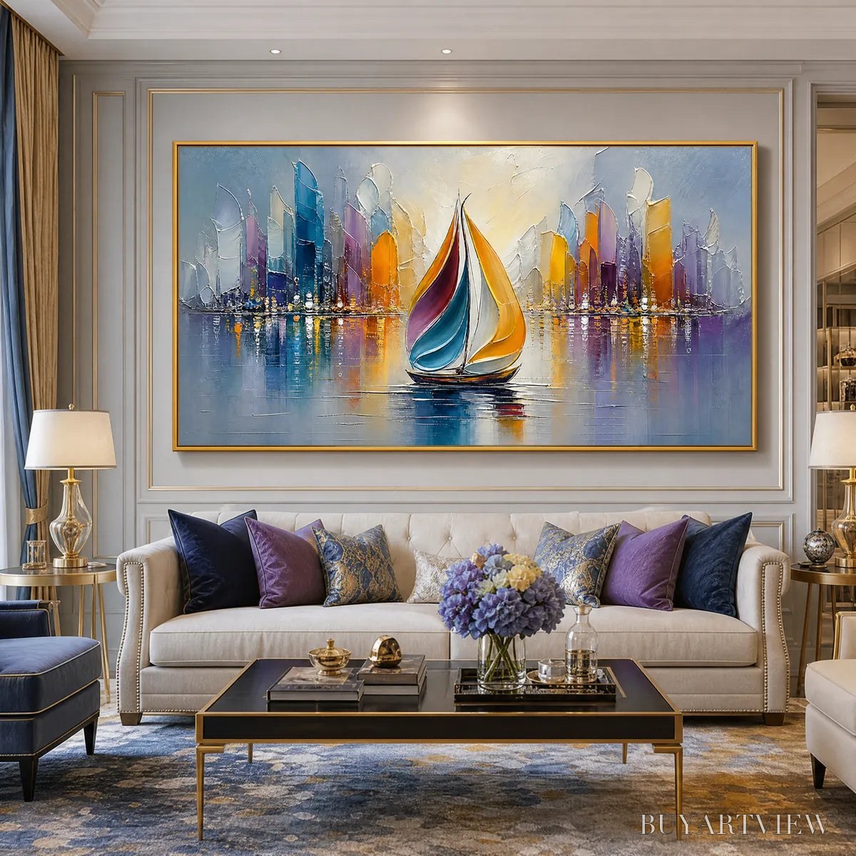 ARTOVITAS Vibrant Voyage – Textured Abstract Cityscape Sailboat Painting - image 2