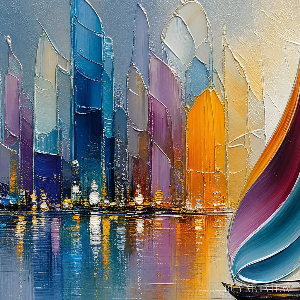 ARTOVITAS Vibrant Voyage – Textured Abstract Cityscape Sailboat Painting - image 3