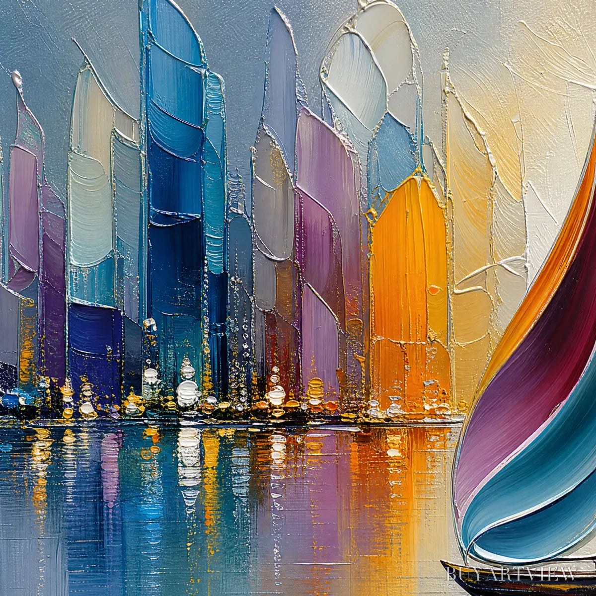 ARTOVITAS Vibrant Voyage – Textured Abstract Cityscape Sailboat Painting - image 3