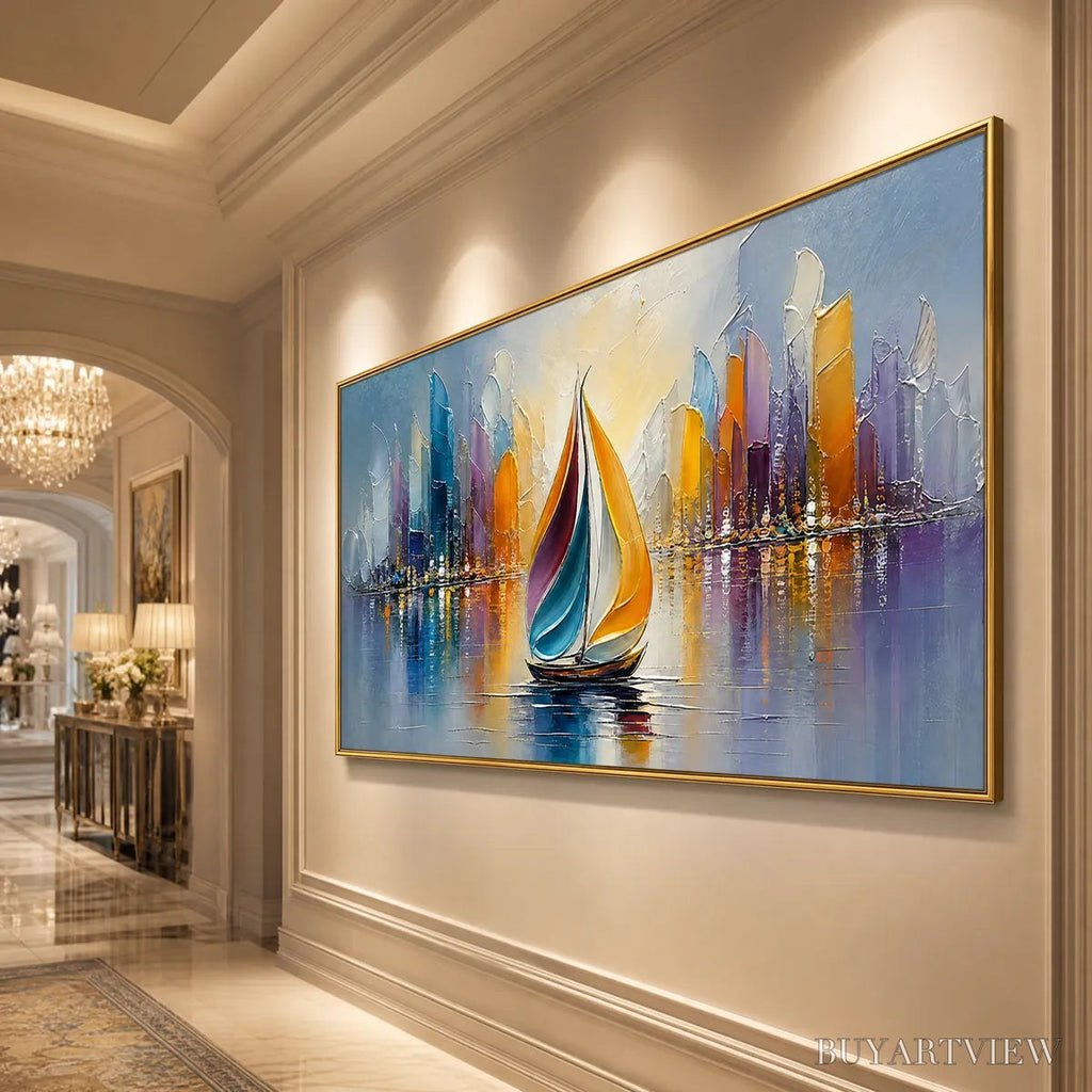 ARTOVITAS Vibrant Voyage – Textured Abstract Cityscape Sailboat Painting - image 4