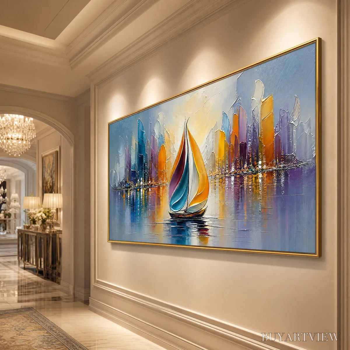 ARTOVITAS Vibrant Voyage – Textured Abstract Cityscape Sailboat Painting - image 4