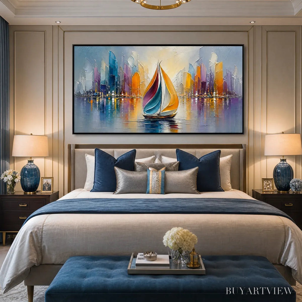 ARTOVITAS Vibrant Voyage – Textured Abstract Cityscape Sailboat Painting - image 5