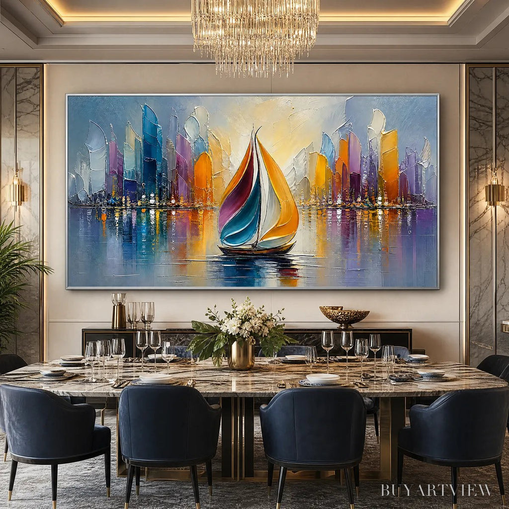 ARTOVITAS Vibrant Voyage – Textured Abstract Cityscape Sailboat Painting - image 6