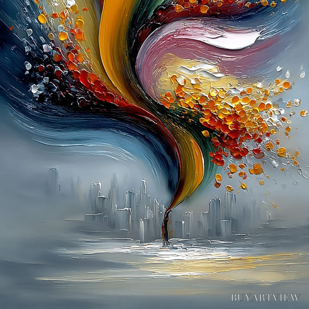 ARTOVITAS Urban Bloom – Textured Abstract Cityscape Palette Knife Painting - image 5
