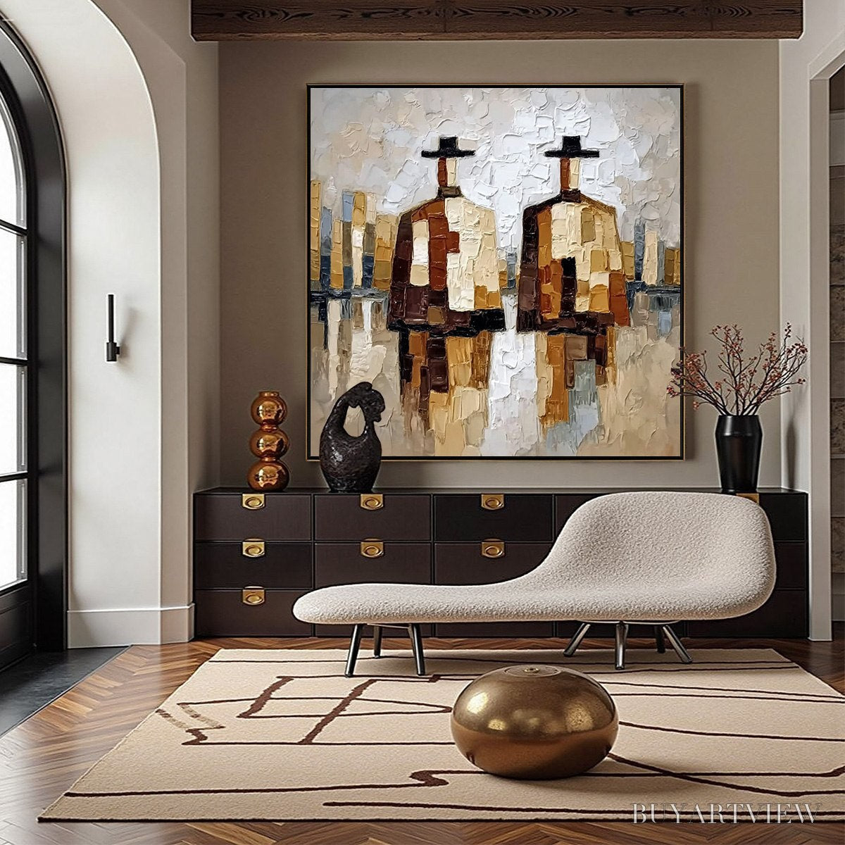 ARTOVITAS the Companions – Textured Abstract Cityscape Painting of Two Figures - image 4