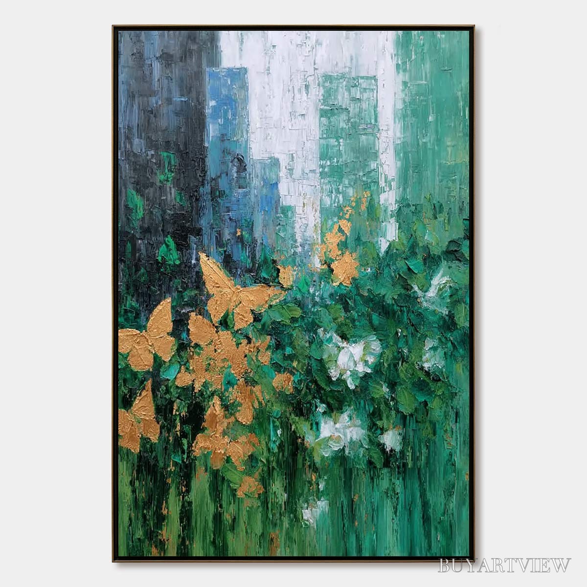 ARTOVITAS Golden Metamorphosis – Textured Abstract Cityscape Painting with Golden Butterflies - image 1