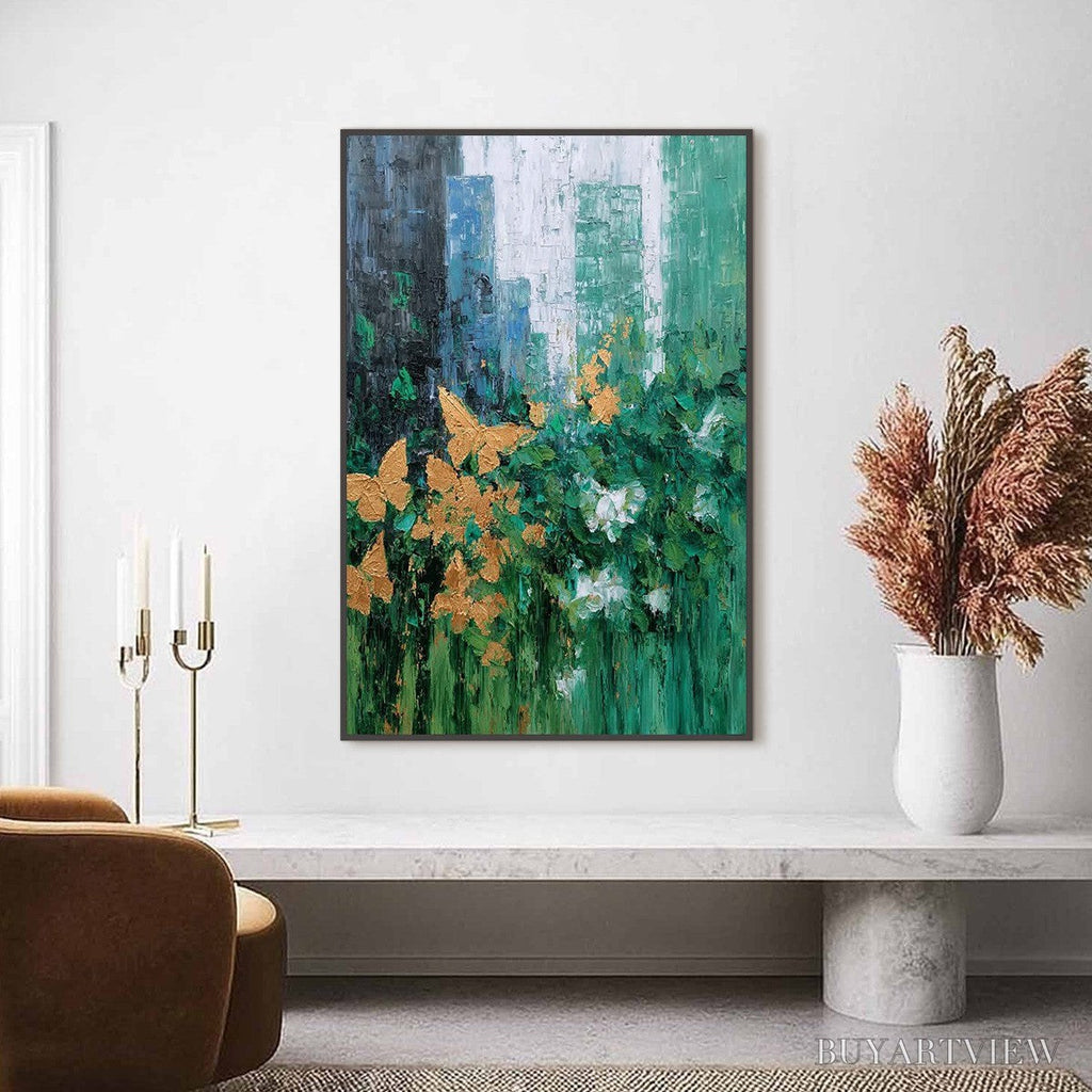 ARTOVITAS Golden Metamorphosis – Textured Abstract Cityscape Painting with Golden Butterflies - image 2