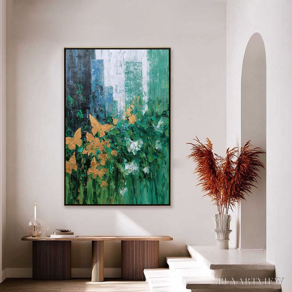 ARTOVITAS Golden Metamorphosis – Textured Abstract Cityscape Painting with Golden Butterflies - image 4