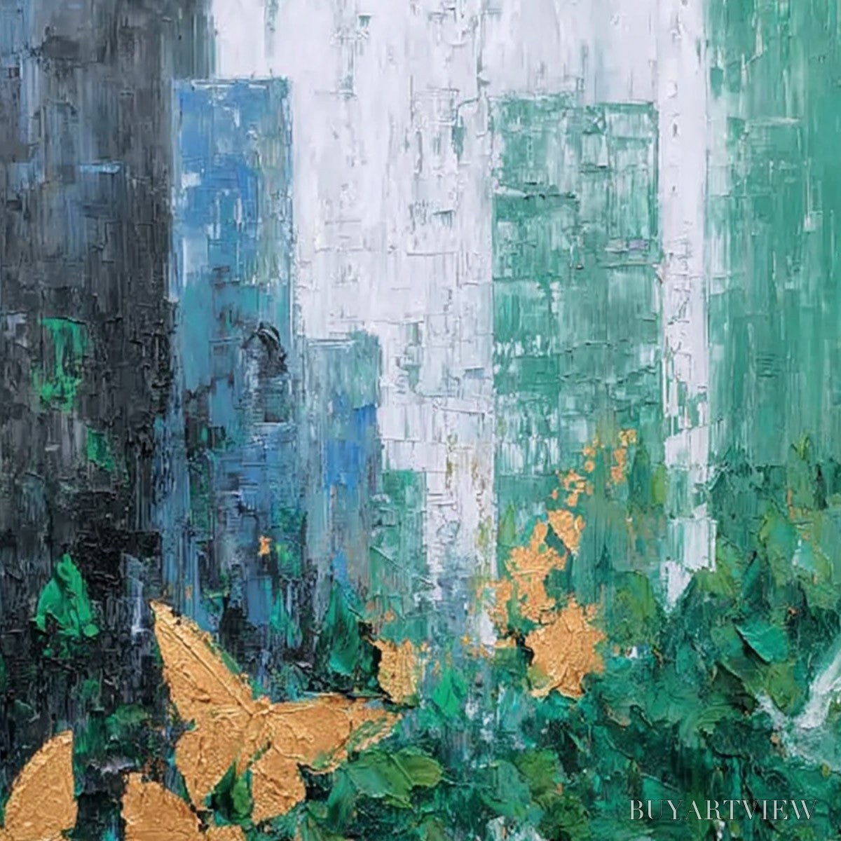 ARTOVITAS Golden Metamorphosis – Textured Abstract Cityscape Painting with Golden Butterflies - image 5